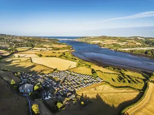 Holiday Park and Farms over River Teign and Teignmouth Road from drone