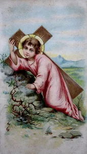 Holy picture, child carrying Jesus on the cross
