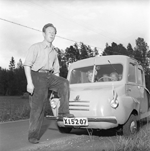 A home-built car in 1952. Rune Wistroem from Stugsund with his self-made small car with registration number X15207. The initial letter X indicates that the car is registered in Gaevleborg County
