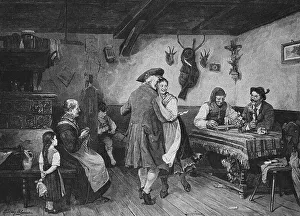 Home concert and dance, wood engraving, 1880