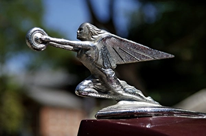 Hood ornament of a 1936 Packard at at Classic Car Show in Belvidere