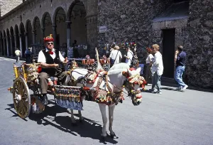 Horse and carriage in front of the Norman Cathedral of Monreale, Cathedral of Monreale, near Palermo, Sicily, Italy, 1999, Europe