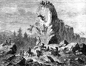 Horse chase on the rocks of Solutre-Pouilly, horses fall down, are killed to serve as food, kill, injure, fall, food meat, high cliff edge, people, mountain landscape, history of prehistoric mankind, France, historical illustration 1880, Europe