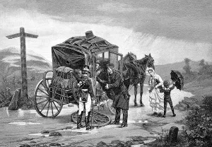 A horse-drawn carriage with a breakdown