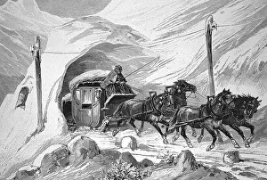 Horse-drawn carriage driving through a snow tunnel on the Albula Pass