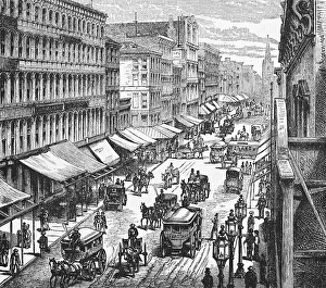 Horse-drawn carriages and carts on Broadway in New York, numerous shops with sun protection, business centre, trade, street traffic, pedestrians, lanterns, travel, USA, historical illustration 18888, North America
