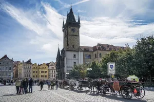 Horses and carriages in the Old Town Square in Prague