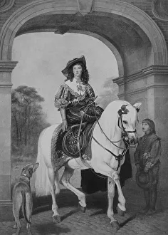 The Horsewoman, distinguished lady riding through the city gate in a lady's seat on a white horse