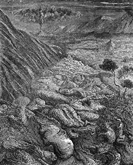 Hot lava from the eruption of Mount Vesuvius flows through the landscape, in the background the smoking volcano, trees, geography, Italy, historical illustration 1888, Europe
