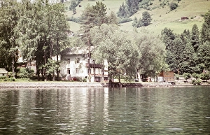 Hotel building on the lake with cafe terrace in Zell am See, Austria, Europe 1960, Europe