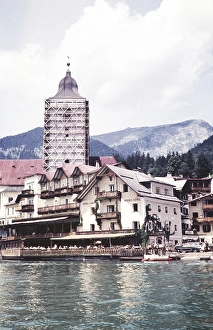 Hotel Weisses Rossl, White Horse Inn, Lake Wolfgangsee, St. Wolfgang im Salzkammergut, Austria, Europe 1960 - scaffolding on church under repair, Europe