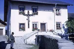 House with crucifix, in Layen, Dolomites