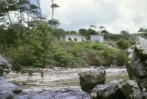 Houses on cliff above beach on the coast, Balandra, Trinidad, 1963