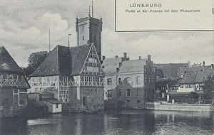 Houses and water tower at the Jlmenau in Lueneburg