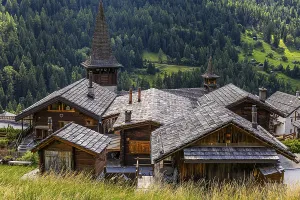 Houses with wooden shingle roofs