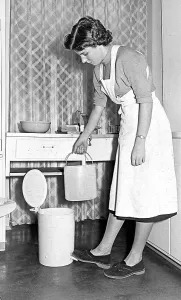 Housewife with trash can, 1960s, Germany, Europe