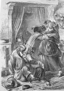 Humour, the drunken husband, Mrs Pig pours a gush of water over the head of the drunken boar