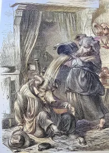 Humour, the drunken husband, Mrs Pig pours a gush of water over the head of the drunken boar