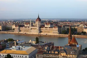 Hungarian Parliament Building at sunset by the Danube river in the city of Budapest