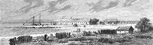 Hungarian Puszta or Puszta landscape, waters, coast, buildings in the village, crane, horses, geography, Hungary, historical illustration 1888, Europe