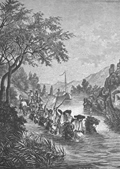 Hungarian ship pullers in a branch of the Danube near Hainburg