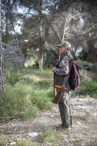 Hunter with camouflage clothing and orange vest walking through the forest loaded with shotgun