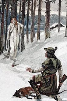 Hunter with a crossbow encountering a mysterious white woman in a snow-covered forest
