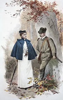 Hunter meets walker in autumn forest
