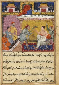 The hunter offers the mother parrot to the king of Kamarupa