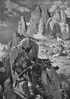 Hunter stalking a chamois, woodcut