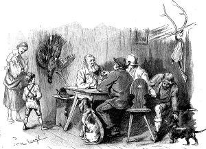 Hunters meeting for a drink in the forester's lodge after the hunt