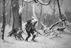 Hunter's pitch, the hunter on the prowl in winter is hit by a load of snow falling from a tree