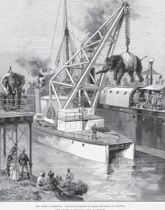 Hunting & animal views, the looshai expedition, shipping elephant son board at Calcutta Kolkata, West Bengal, India, Asia