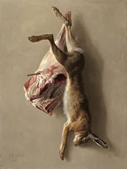 Hunting, Butcher, a Hare and a Leg of Lamb Hanging on a Hook on the Wall