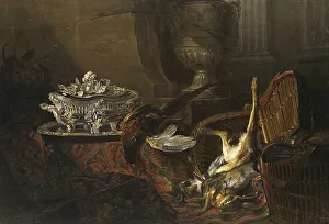 Hunting, Hunting Motif, Still Life with Dead Game and a Silver Tureen on a Turkish Carpet