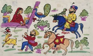A hunting party meets a woman feeding a peacock