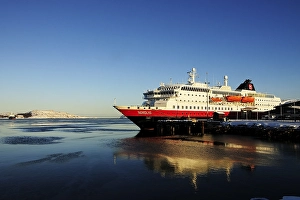 Category Scandinavia Prints: The Hurtigruten post ship MS Nordlys docked in the port of Kirkenes