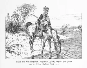 Hussar of the Lueneburg Regiment Prince Regent watering his horse from the Seine