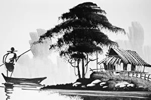 Hut, Fisherman, Tree, Historical Landscape in Southeast Asia