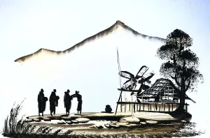 Hut, Tree, Four People, Historical Landscape in Southeast Asia