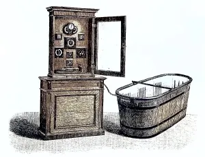 Hydroelectric bath with battery cabinet and current regulating apparatus
