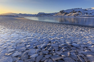 Ice floes on a lake in front of snowy mountains