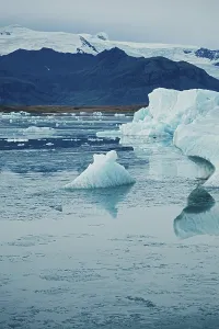 Ice formations float calmly with a mountainous backdrop under a cold sky