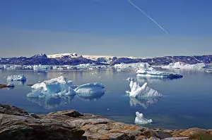 Icebergs reflected in a fjord, silence