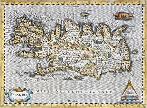 Iceland, hand coloured copper engraving by Johannes Cloppenburg
