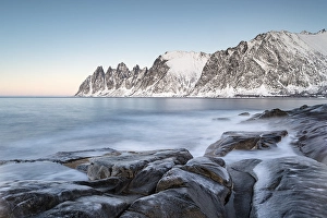 Icy coastal landscape on dusk, Tungeneset