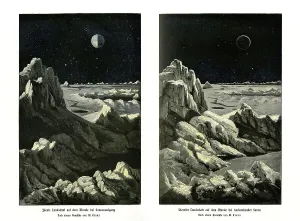 Ideal landscape on the moon at sunrise (left) and with the sun high