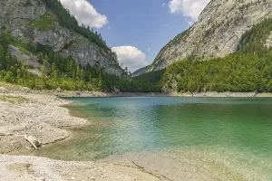 Idyllic mountain lake with blue water