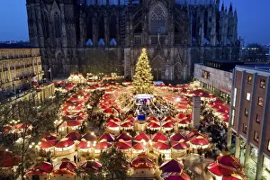 Illuminated christmas market and christmas tree in front of Cologne Cathedral