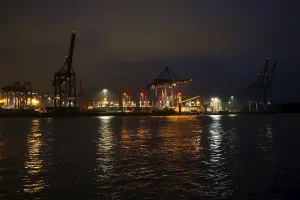 Illuminated container terminal with cranes in the Port of Hamburg